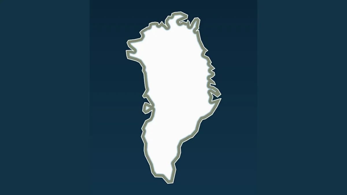 A map of Greenland showing the large central ice sheet surrounded by ice-free coastal land.