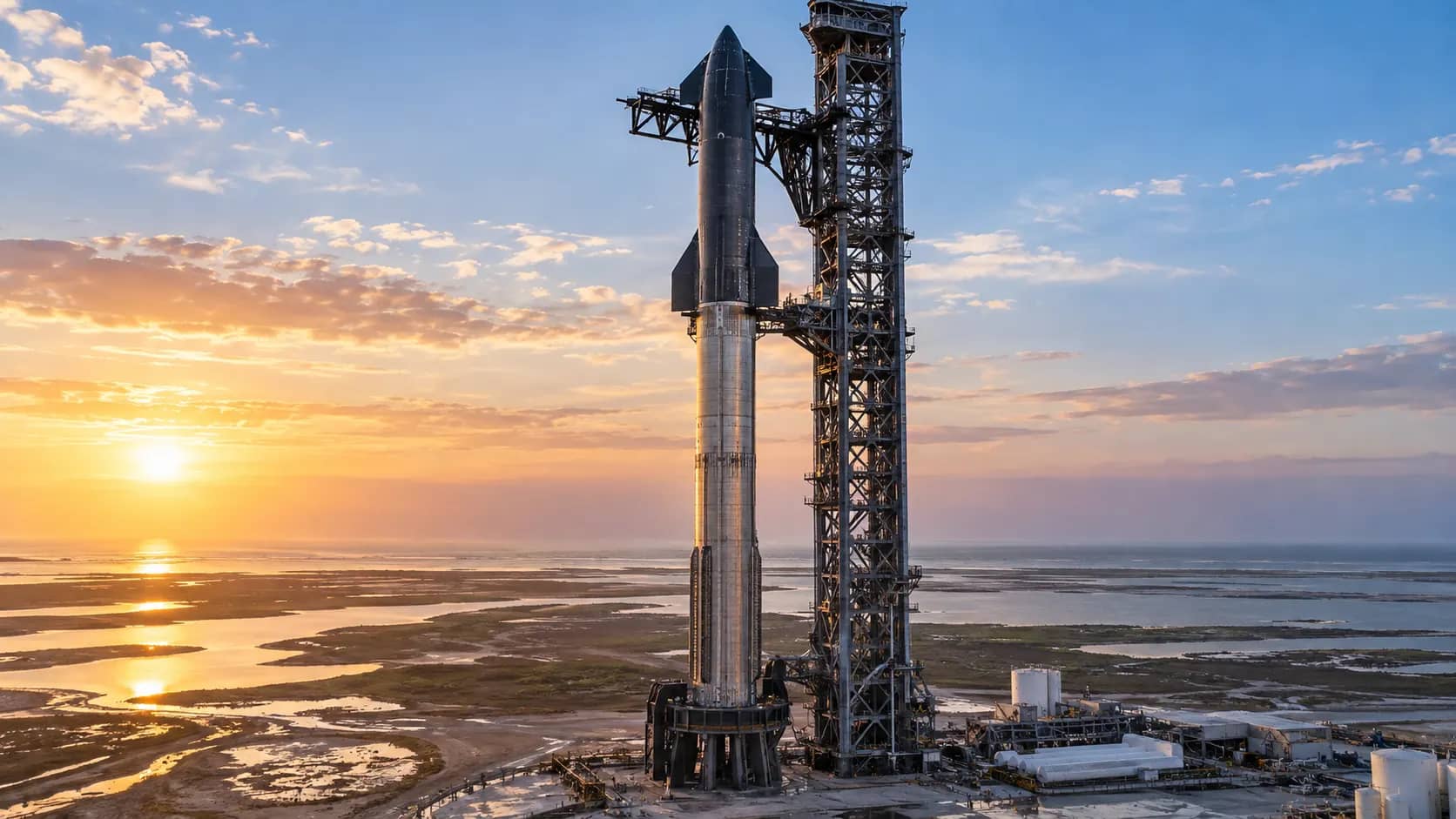 Starship and Super Heavy standing beside the launch tower at Starbase before a test flight.