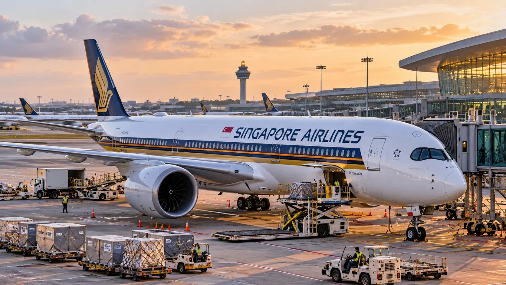 A modern long-haul passenger aircraft at an international airport terminal.