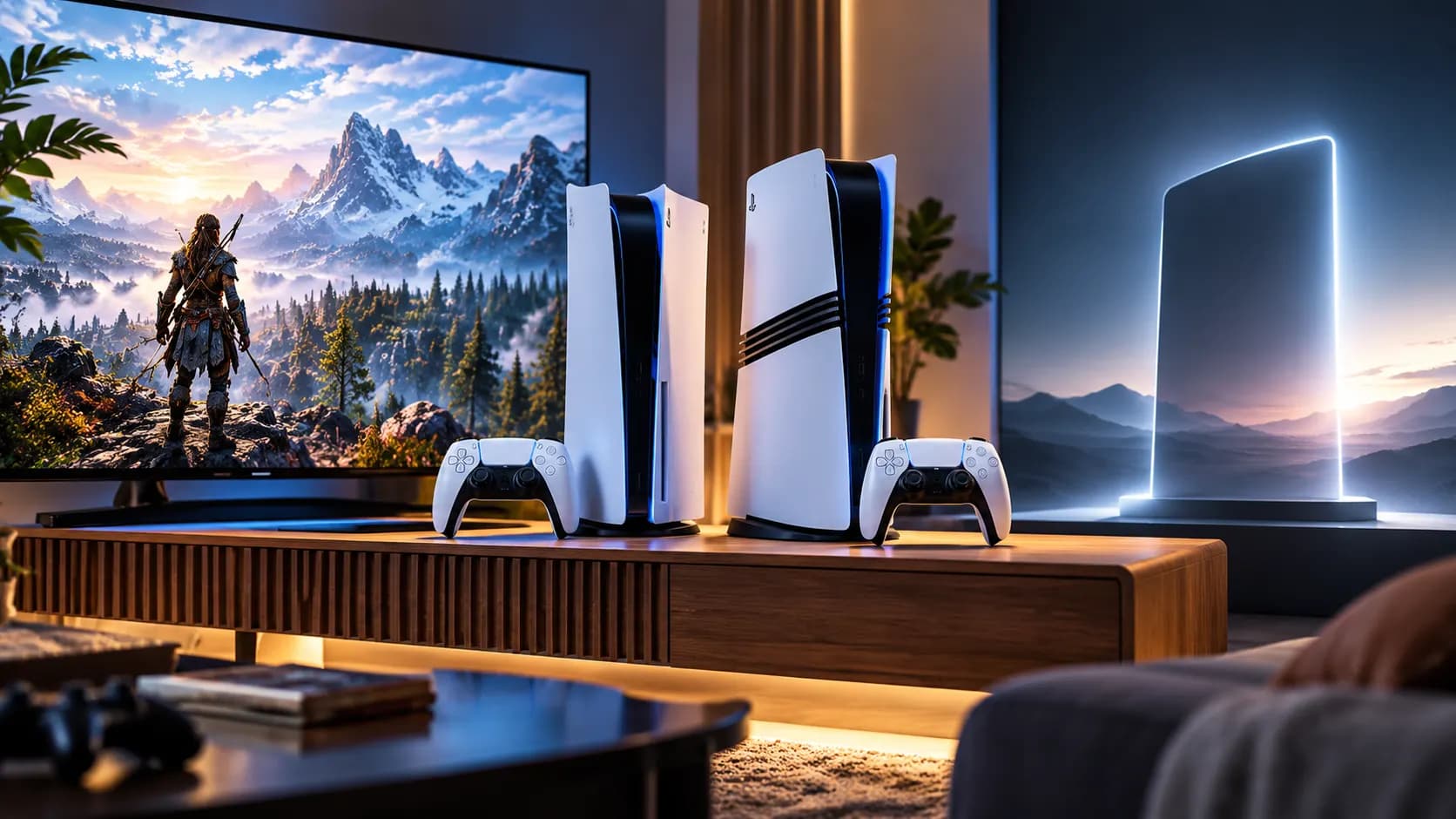 Current-generation game consoles beside a television with an empty space symbolising a future console choice.